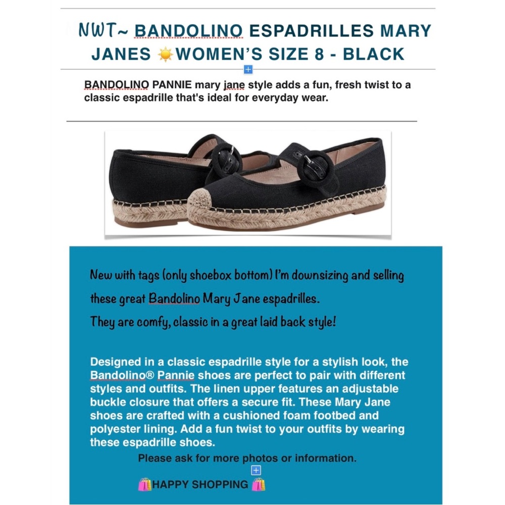 ☀️NWT- BANDOLINO ESPADRILLES
MARY JANES - Black size 8 Buckle Closure 🛍️